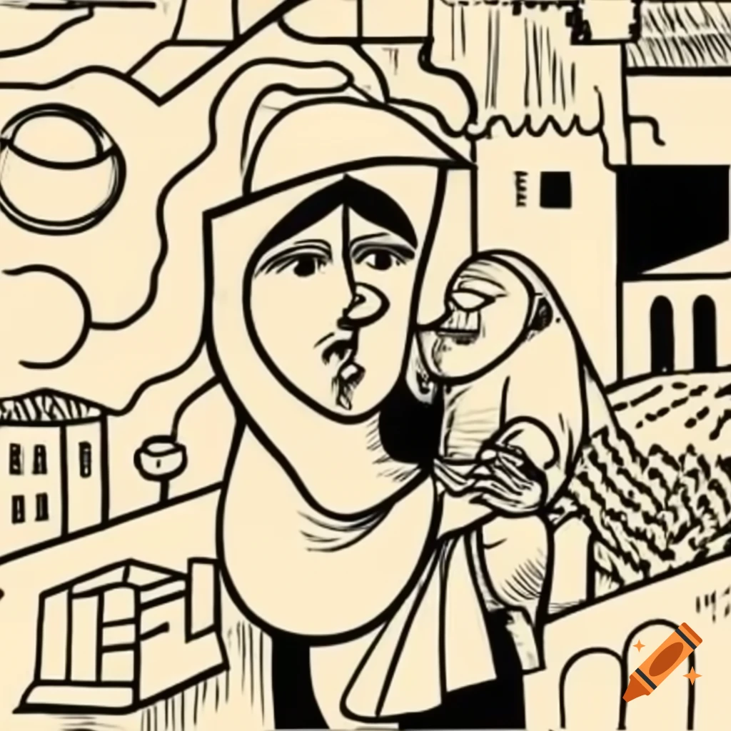 Cubist artwork of Palestinian mother holding child amidst destruction