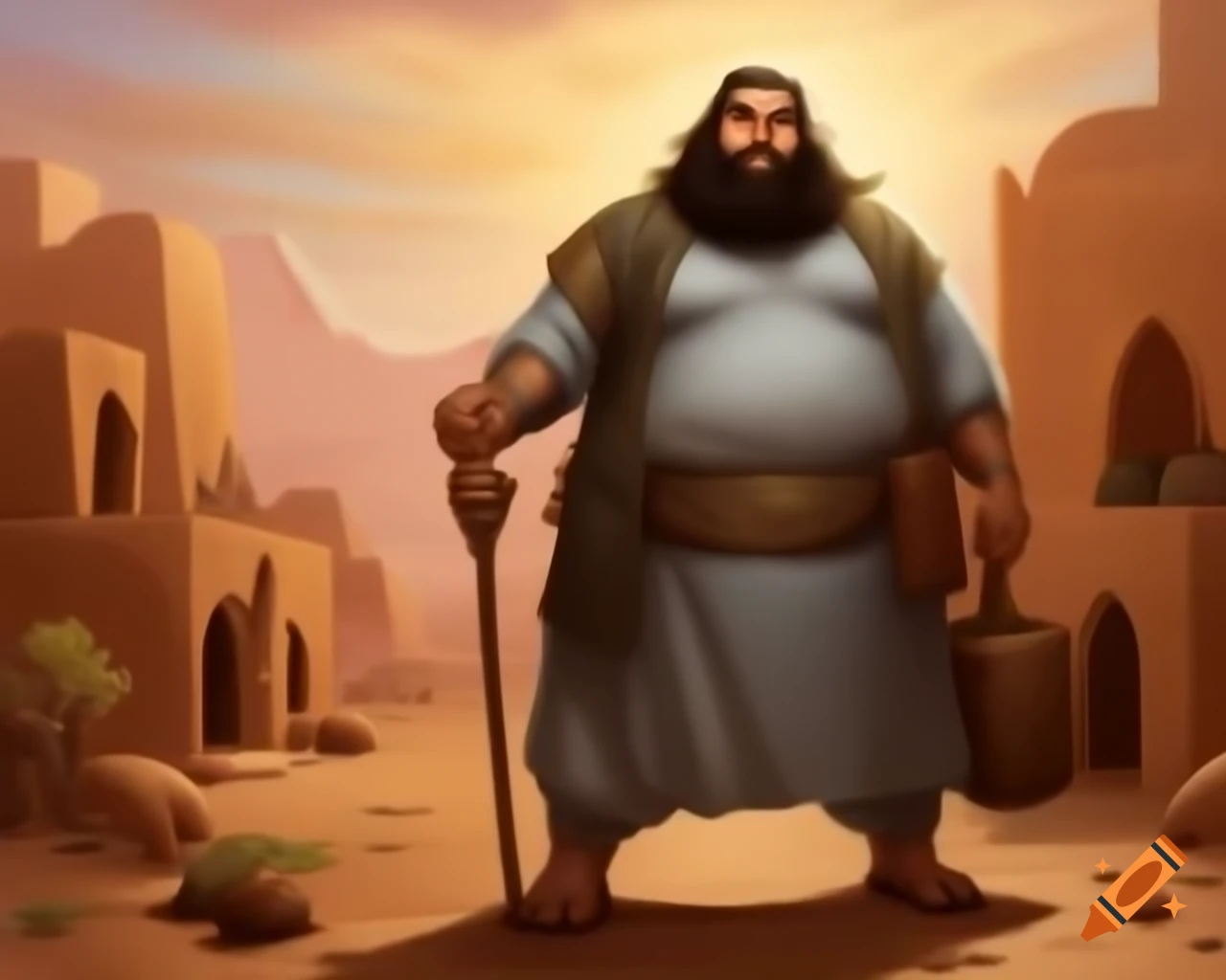 Fantasy oil painting of a magical desert village with a character