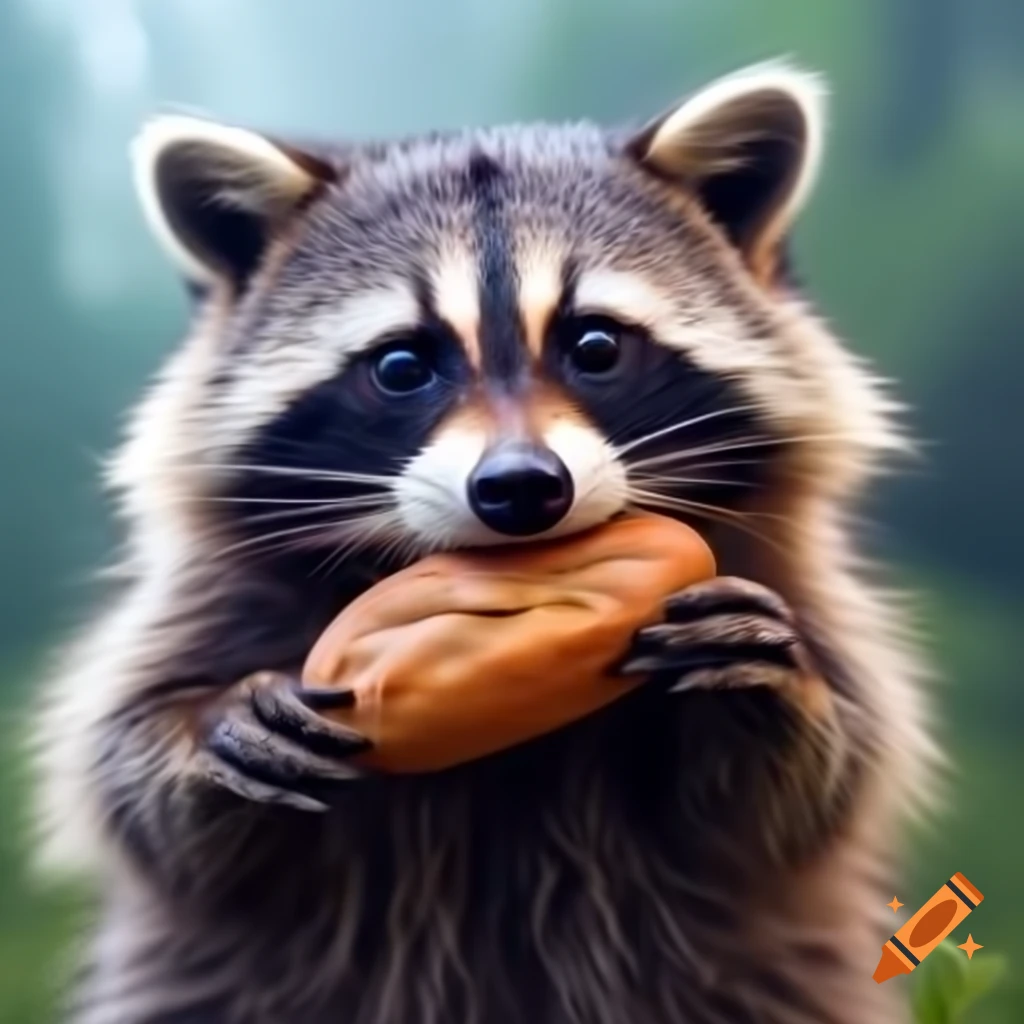Realistic 3D render of raccoon eating bread in rain with depth of field
