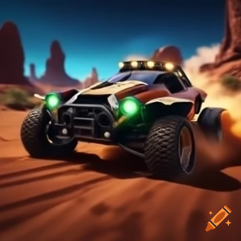 Rocket League car in desert with smoke and dust trail