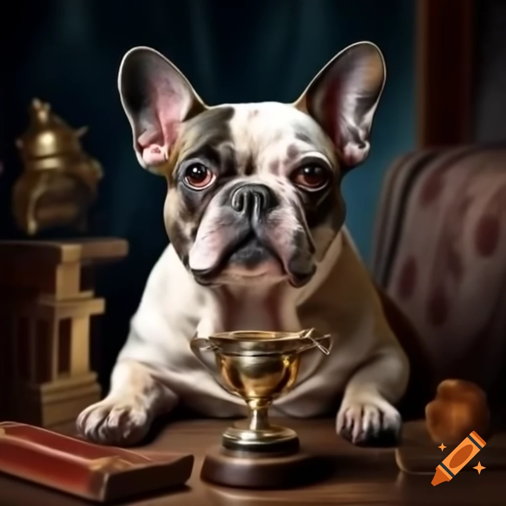 French bulldog proudly holding a trophy