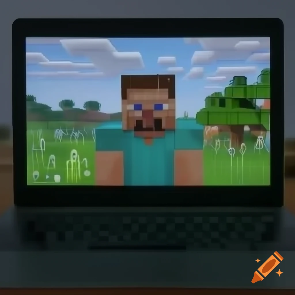 Minecraft gameplay displayed on a realistic laptop screen