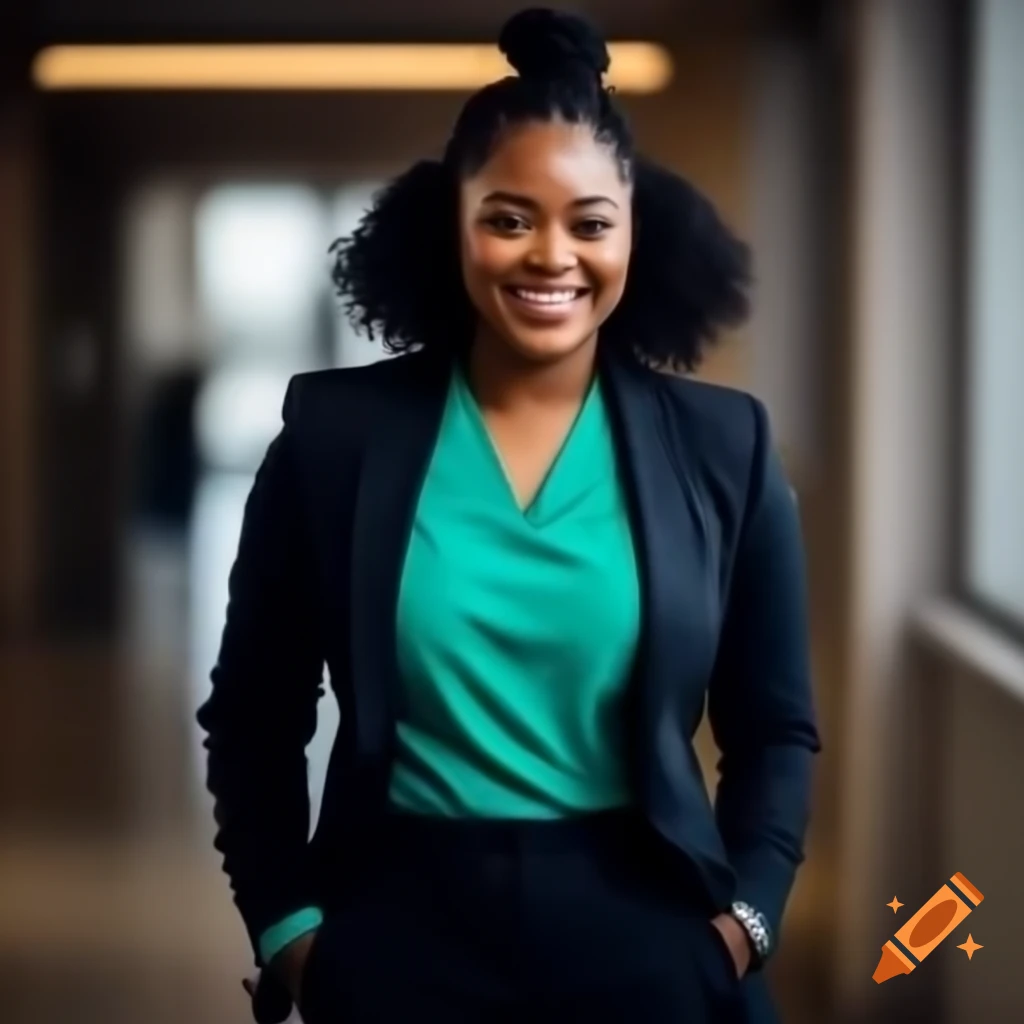 Confident Caribbean woman in professional suit walking into hospital, showcasing natural beauty