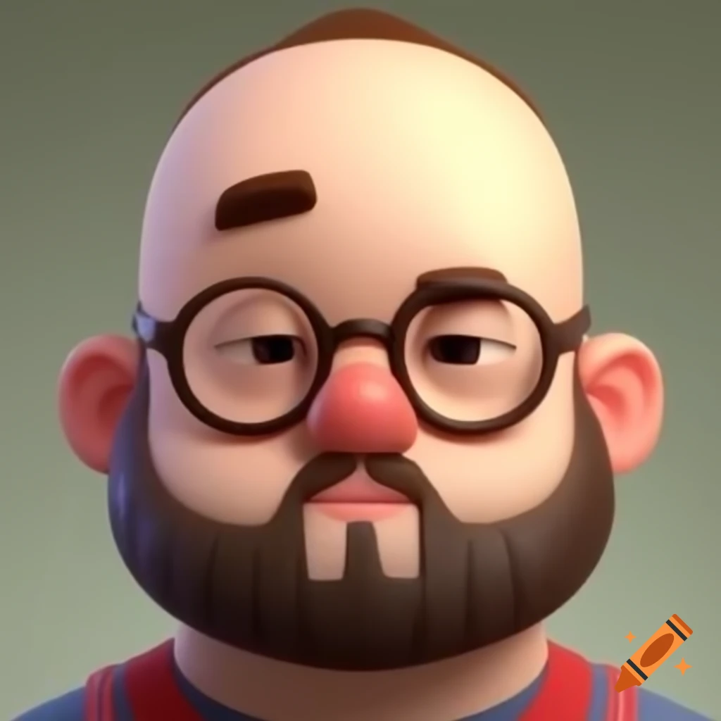 Cartoon face of bald man with beard and glasses, smiling
