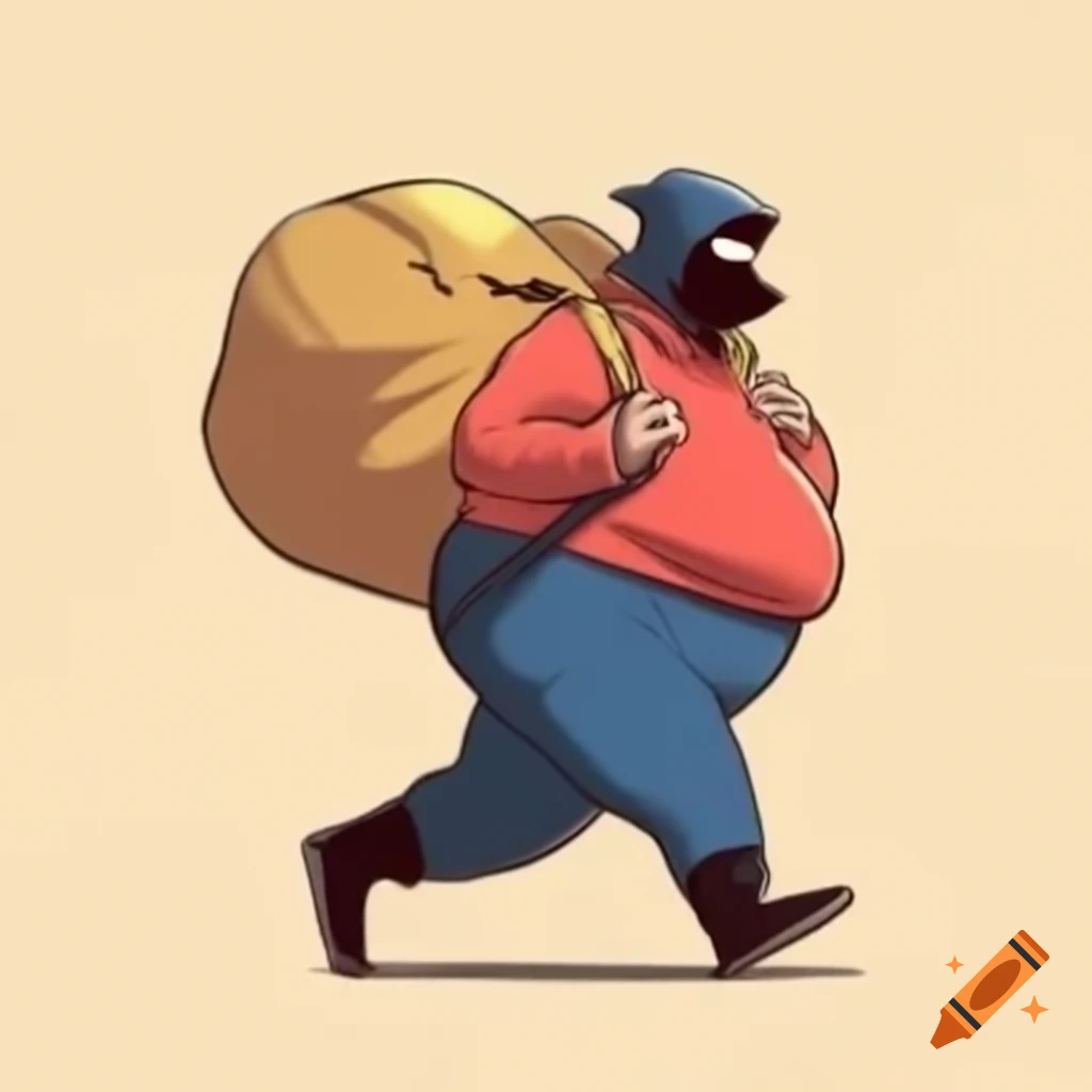 Comic-style illustration of a plump thief carrying a large bag, saying 'hihi'