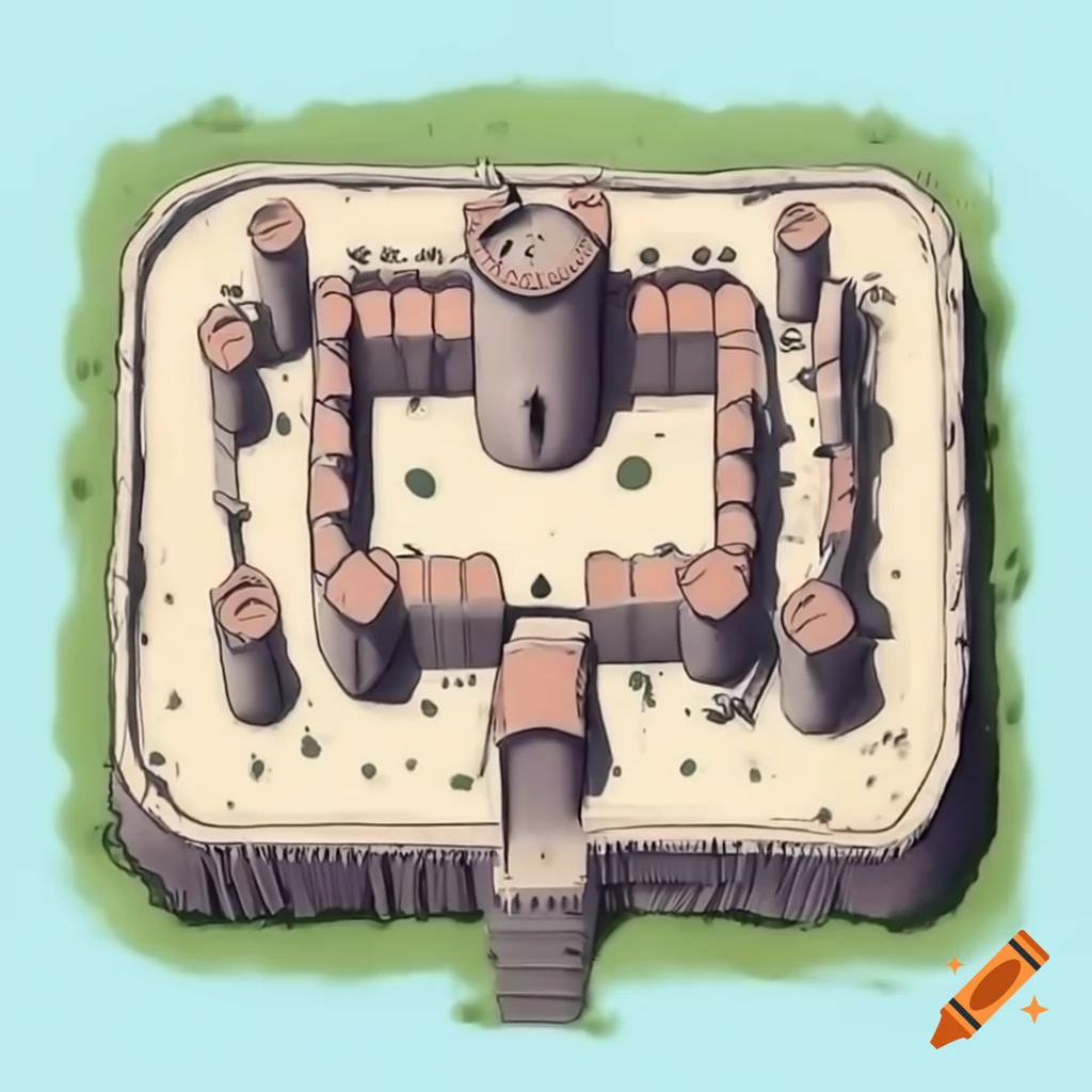Aerial view of a square fortified castle in aquarelle style