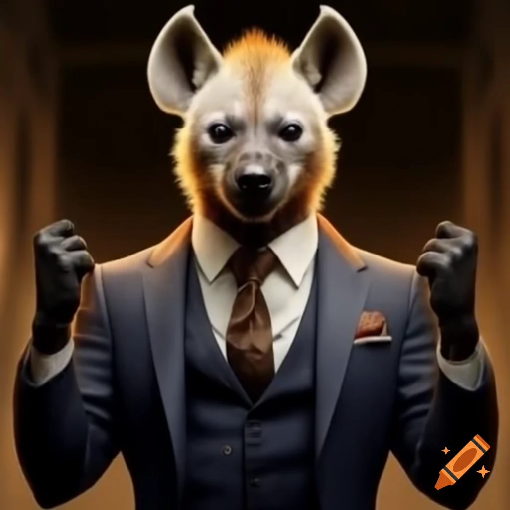 Hyena wearing a finely tailored suit in a playful pose