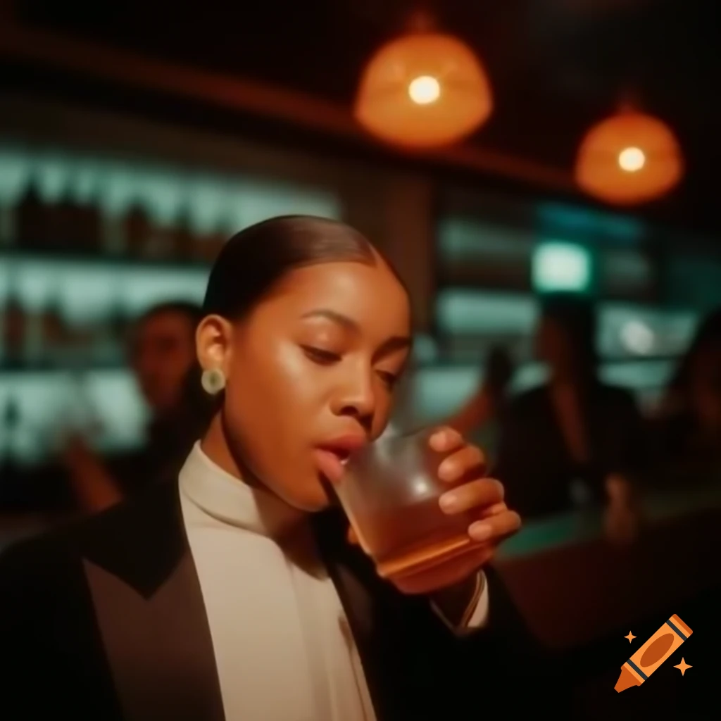 Modern jazz singer with drink in bar, high detail portrait