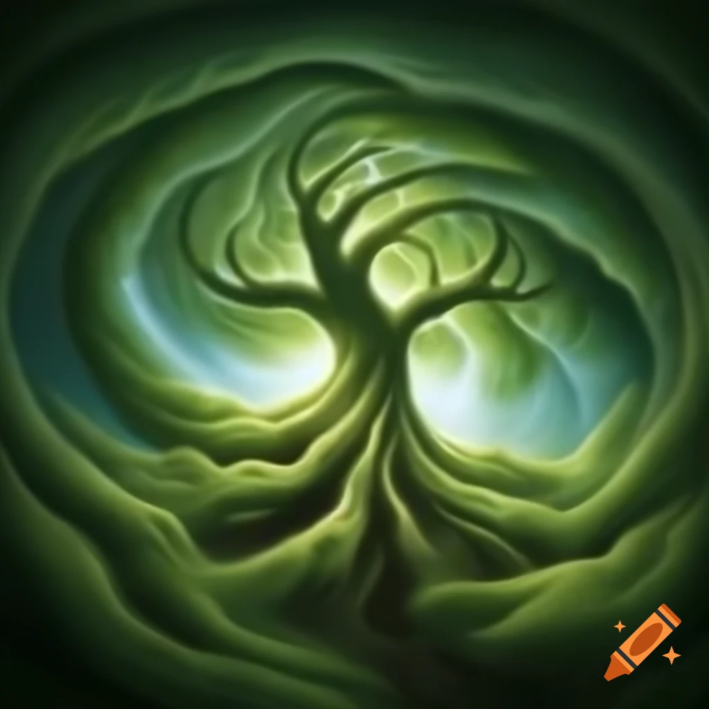 Swirling tree emerging from center of spiral drawing