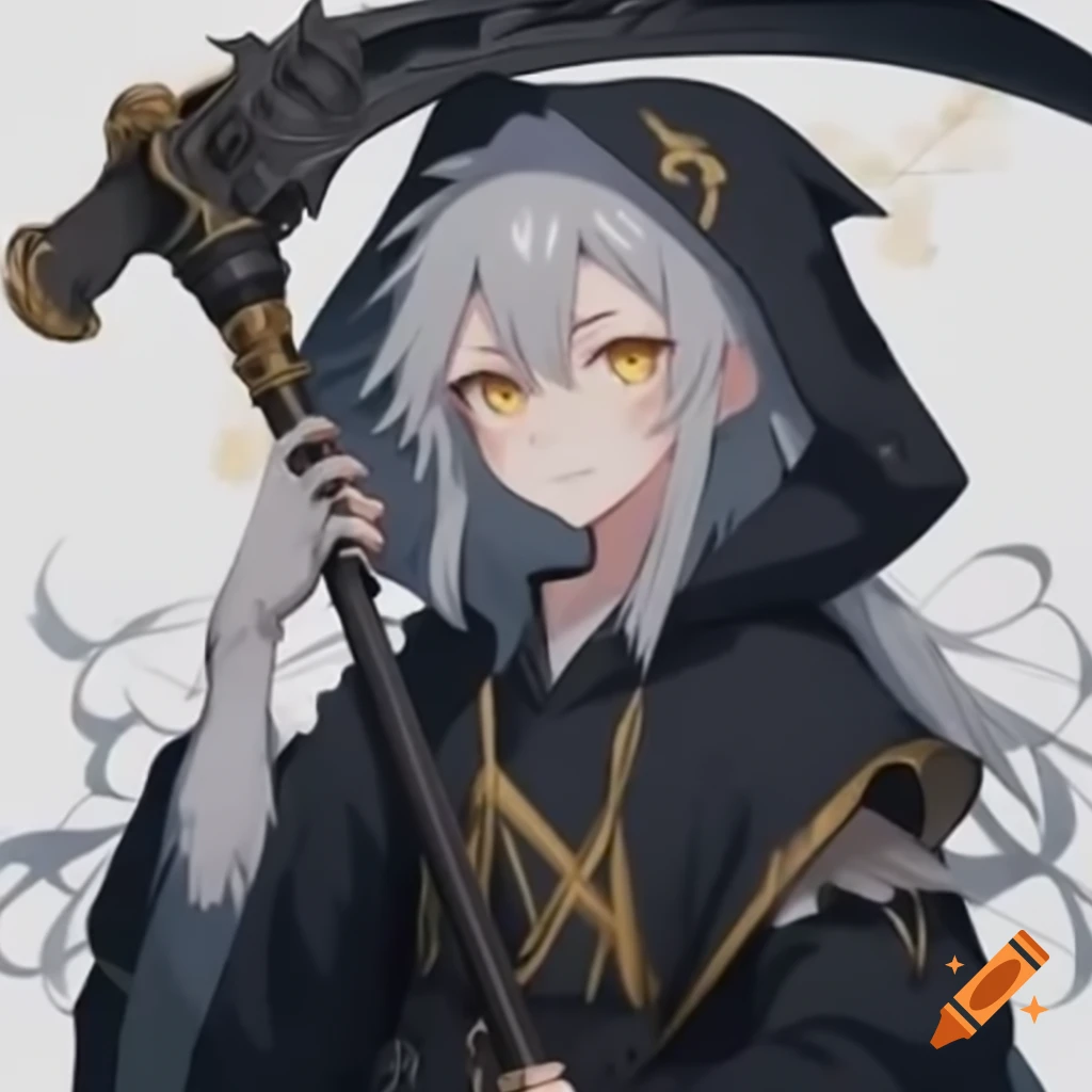 Anime boy dressed as a reaper with scythe, gold eyes and long gray hair