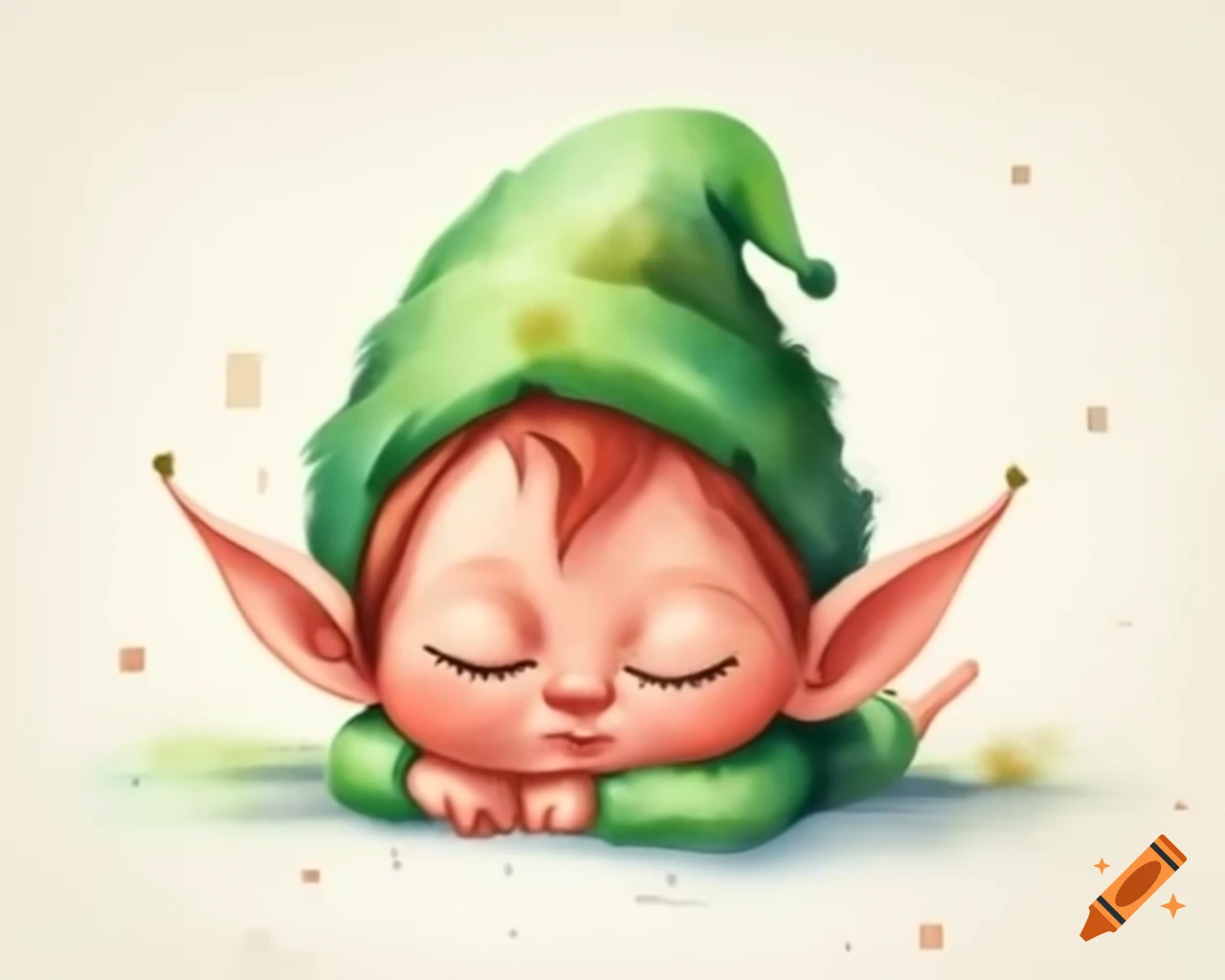 Gum nut baby elf sleeping in watercolor shades of green, white, and gold, cartoon style