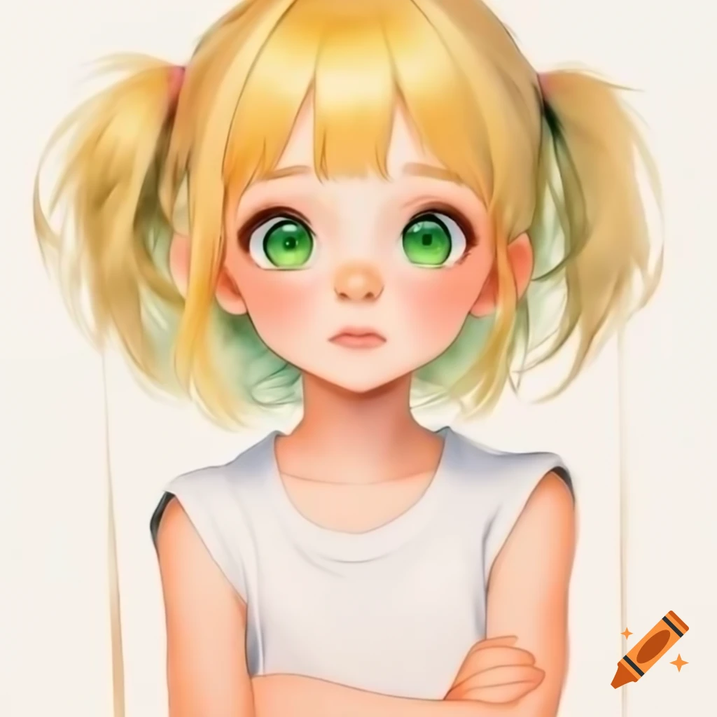 Anime girl with blonde hair and green eyes in light pink outfit, arms crossed