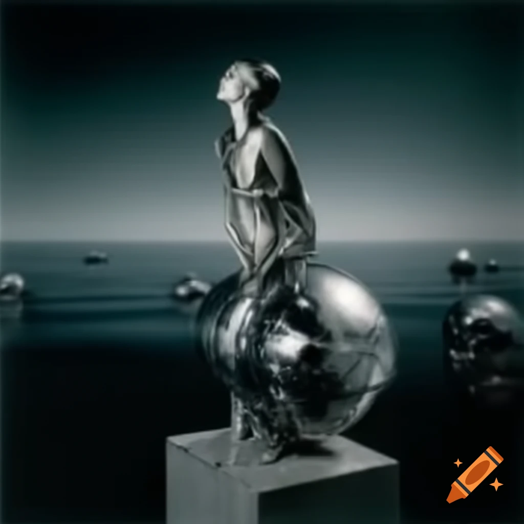 Pop surreal photography featuring a silver statue from the 2000s