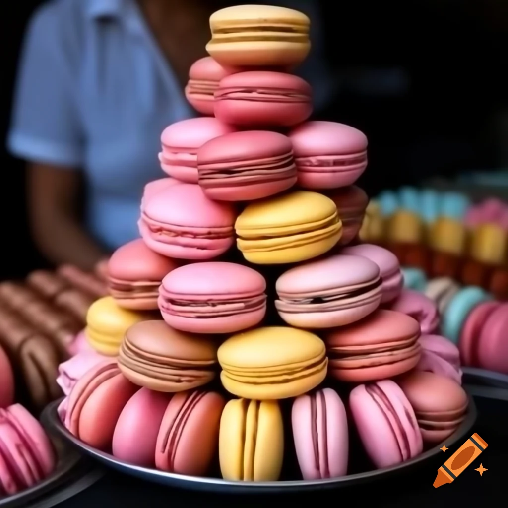 Colorful macarons displayed on market stand with close-up focus on one macaron