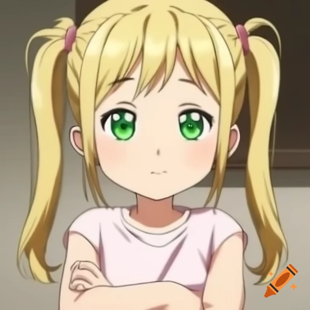 Anime girl with blonde hair and green eyes in pink sleeveless t-shirt
