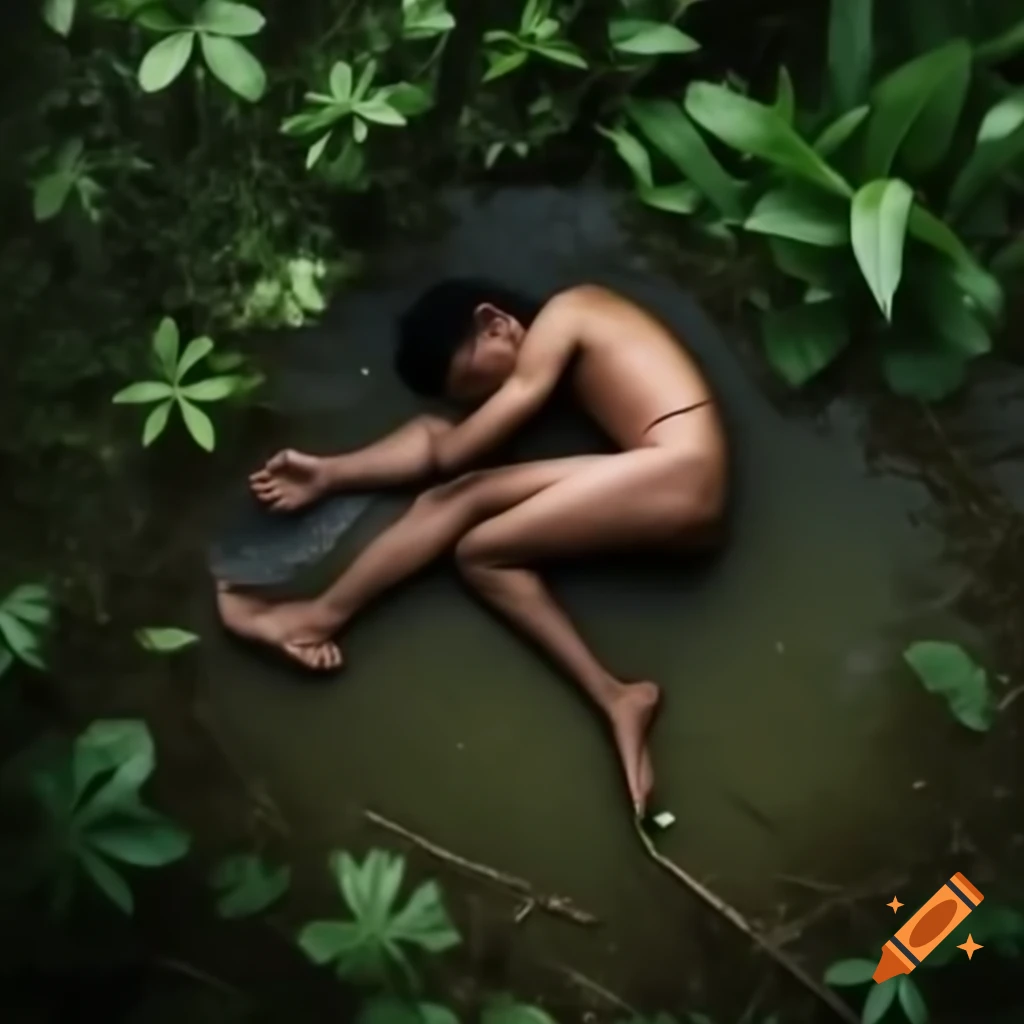 Indian man resting in a ditch beside a forest