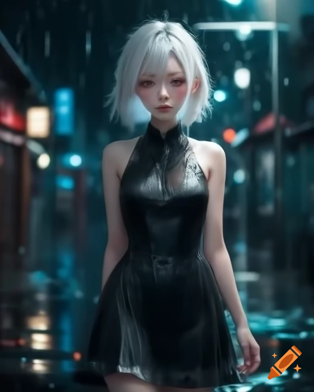 Woman with white hair in a black dress under rain, anime realistic style