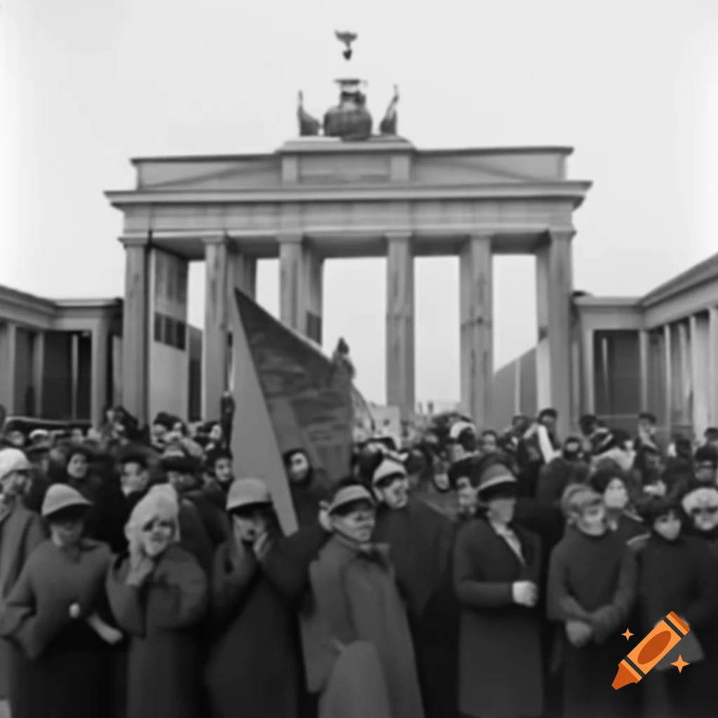 Sketch of workers protesting with communist flags in front of Brandenburg Gate