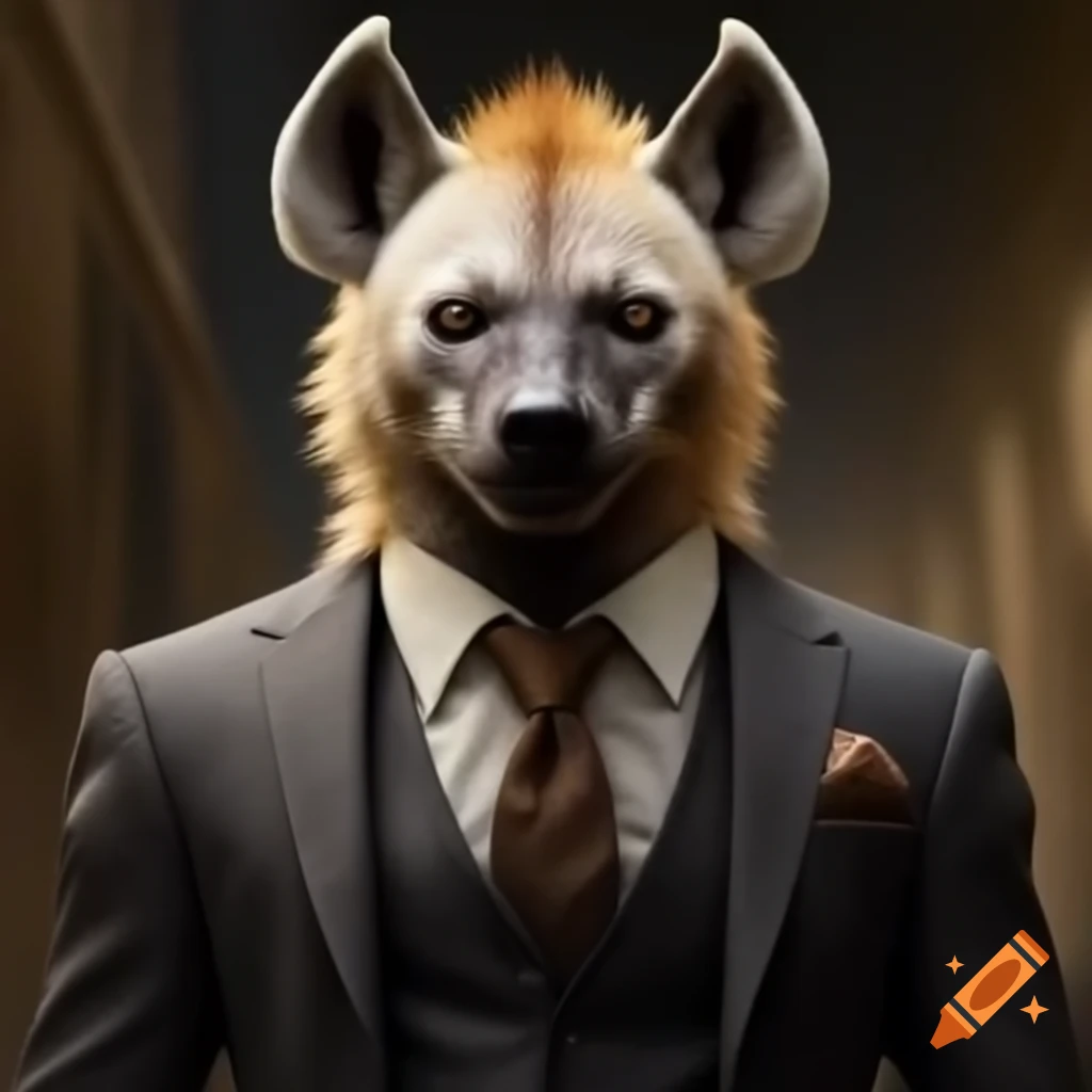 Hyena wearing a finely tailored suit in a playful pose