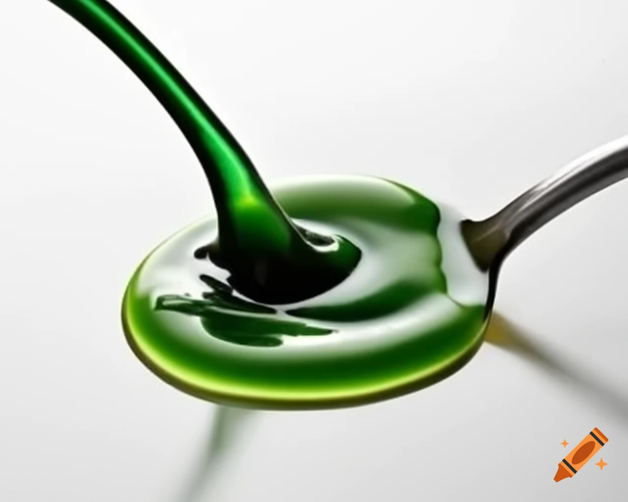 Spoon with dark green liquid syrup on a white background