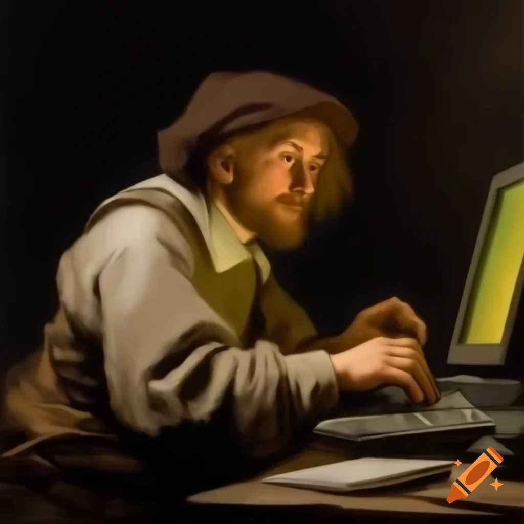 Rembrandt-style painting of a man at a desktop computer