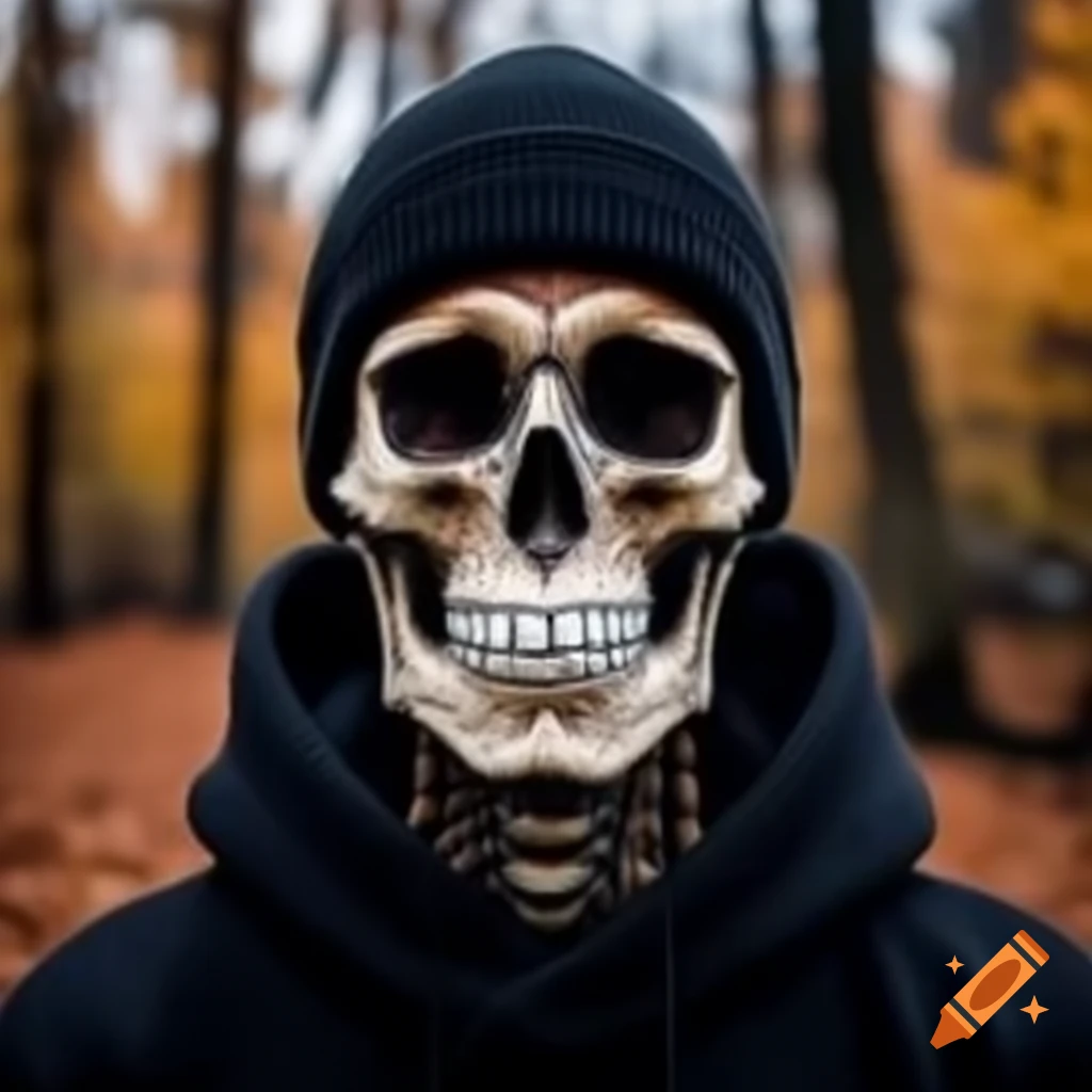 Skeleton in black beanie and hoodie in autumn forest
