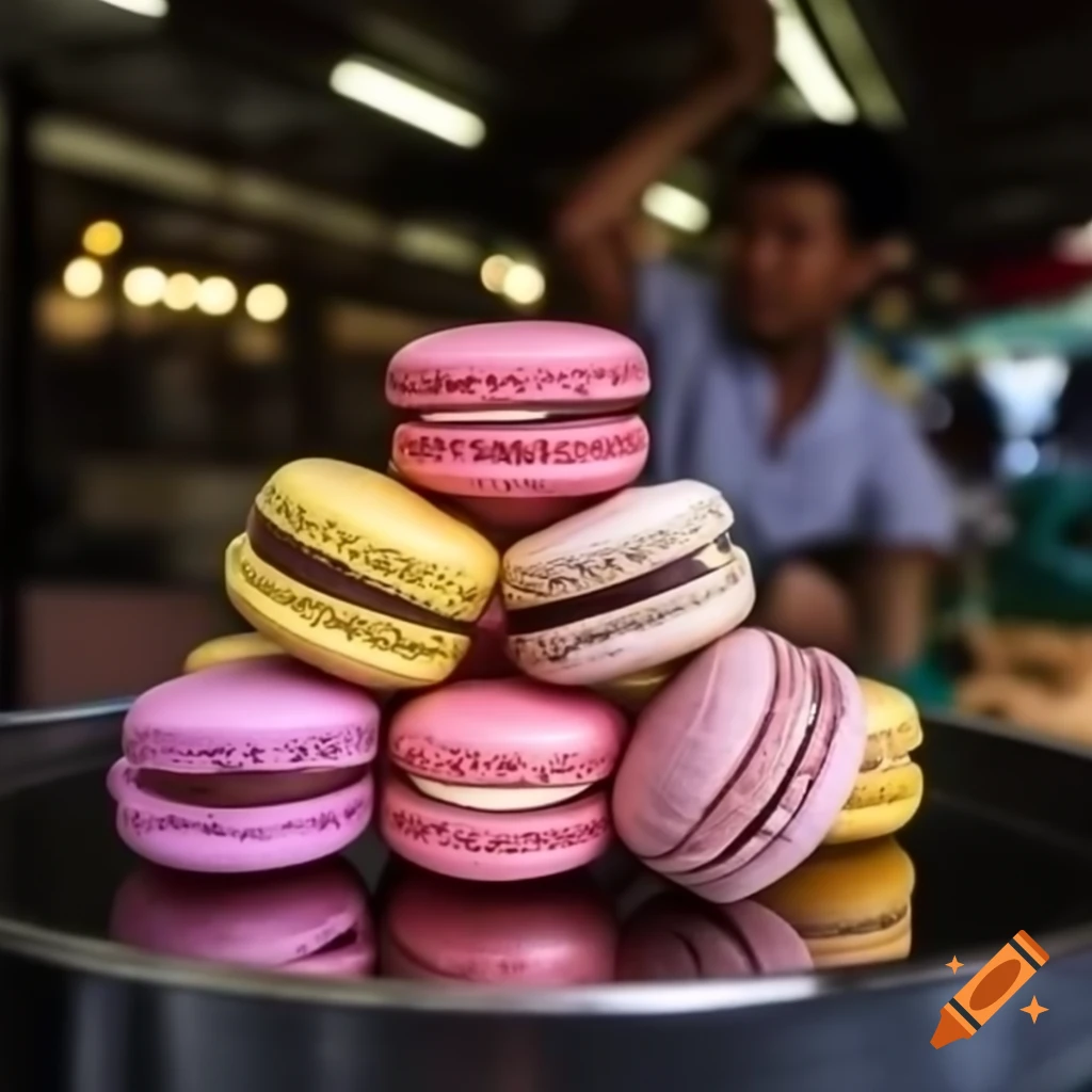 Colorful macarons displayed on market stand with close-up focus on one macaron