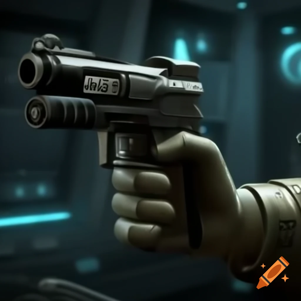 Minimalistic sci-fi pistol inspired by zombie horror game in spaceship setting