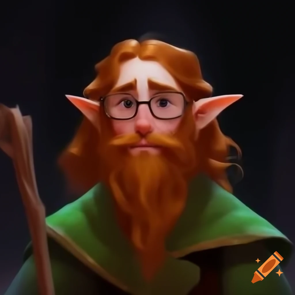 Young ginger bearded male elf wizard in green robes and glasses