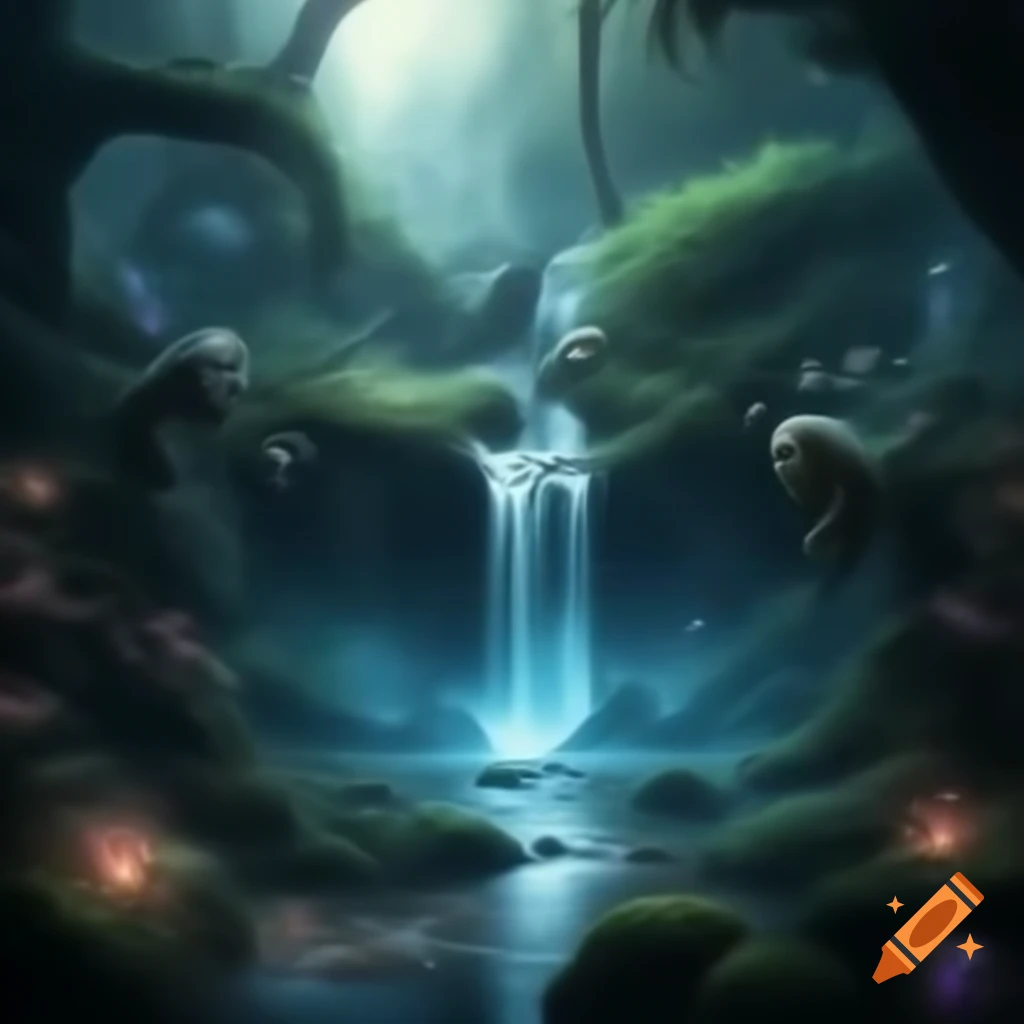 Enchanted forest featuring a waterfall and a fairy-zombie