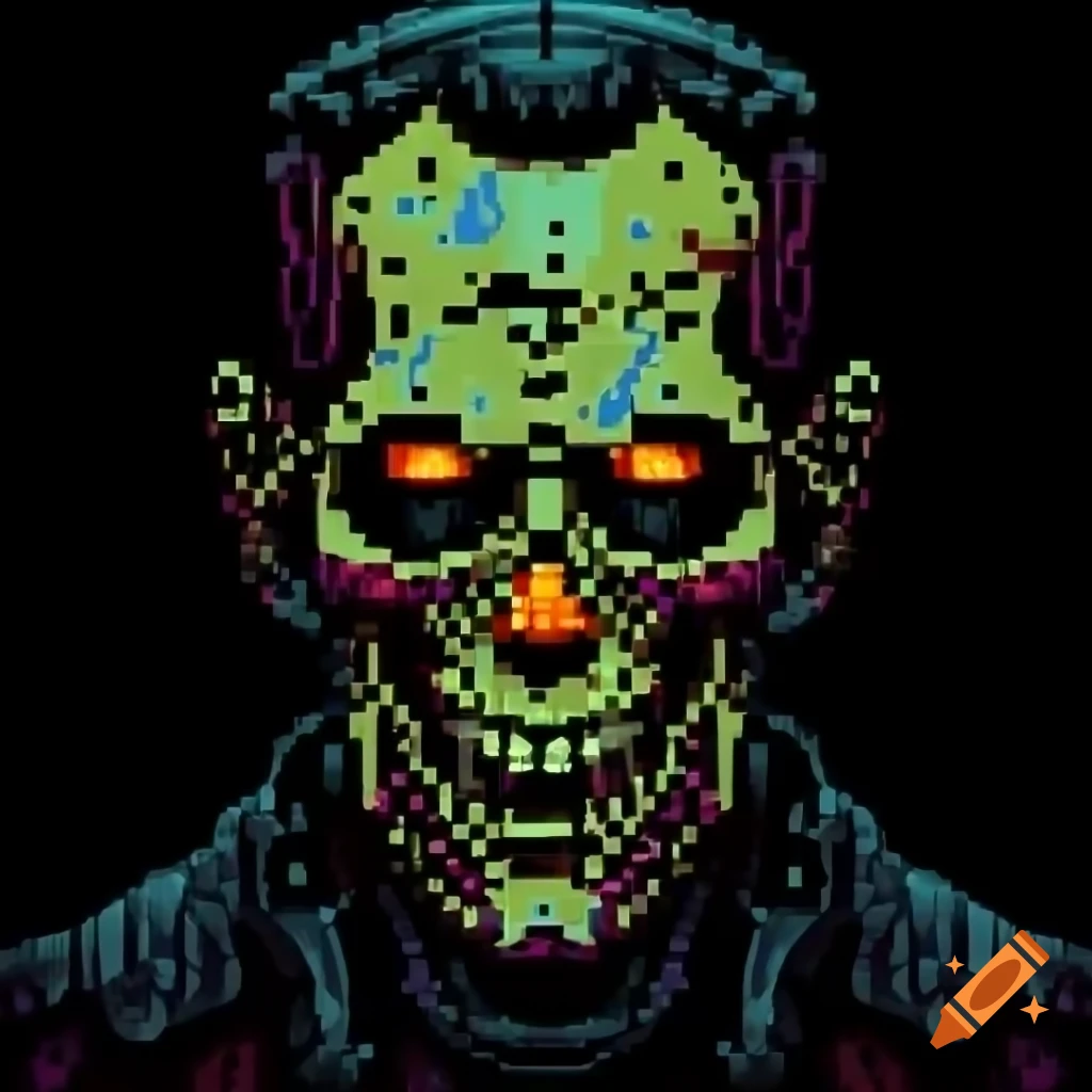 Pixel art zombie character in spooky horror movie style