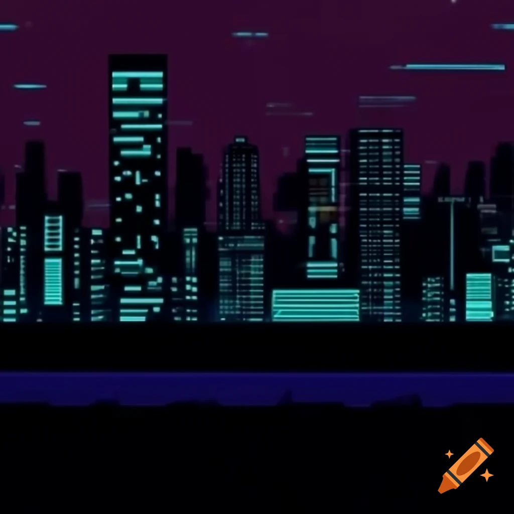 1980s pixel art cityscape at night for video game background