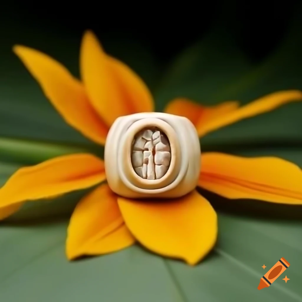 Ancient ivory ring with carved Sudoku puzzle surrounded by tropical flowers, photorealistic