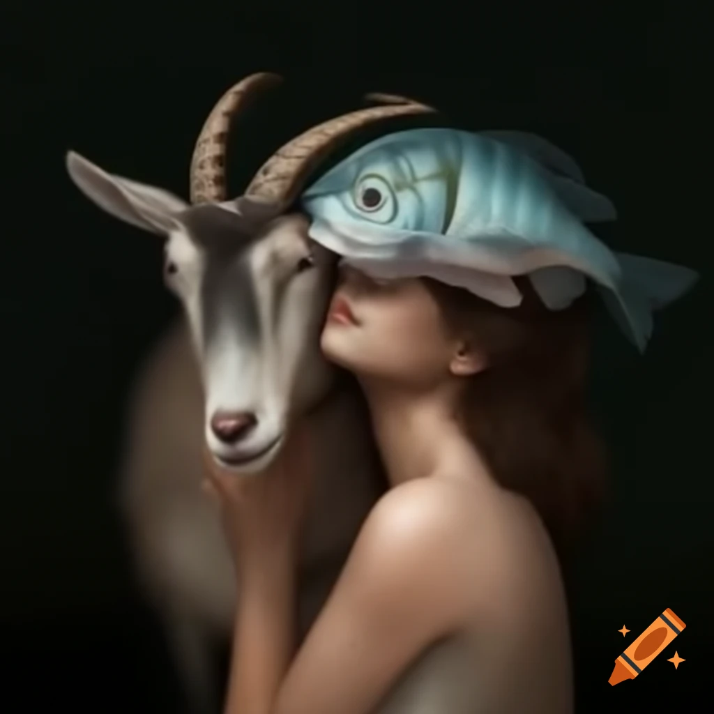 Mythical creature featuring a woman with fish head and goat body