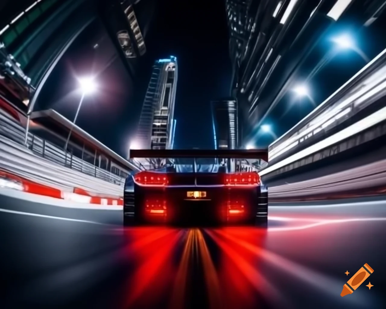 GT3 car rear tire on urban night race track with vibrant colors