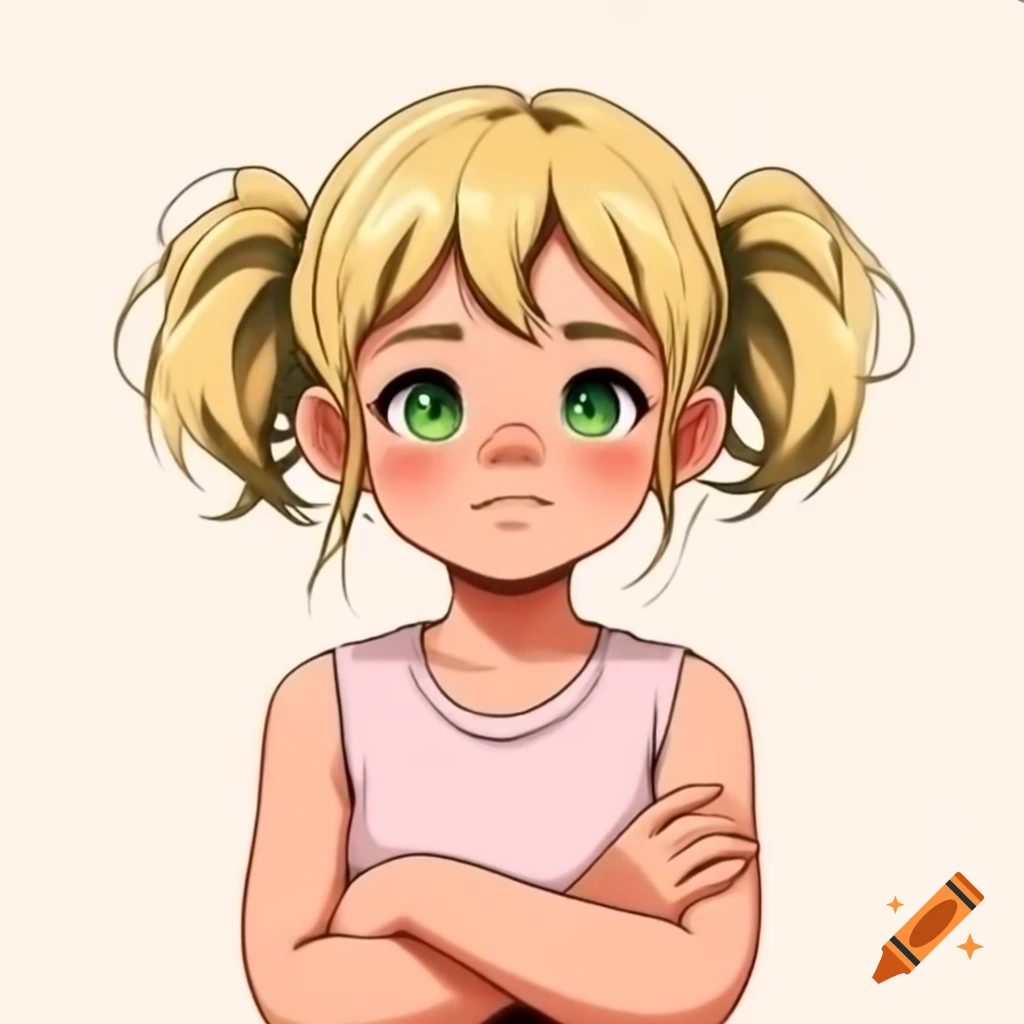 Anime girl with blonde hair and green eyes, wearing pink t-shirt, arms crossed