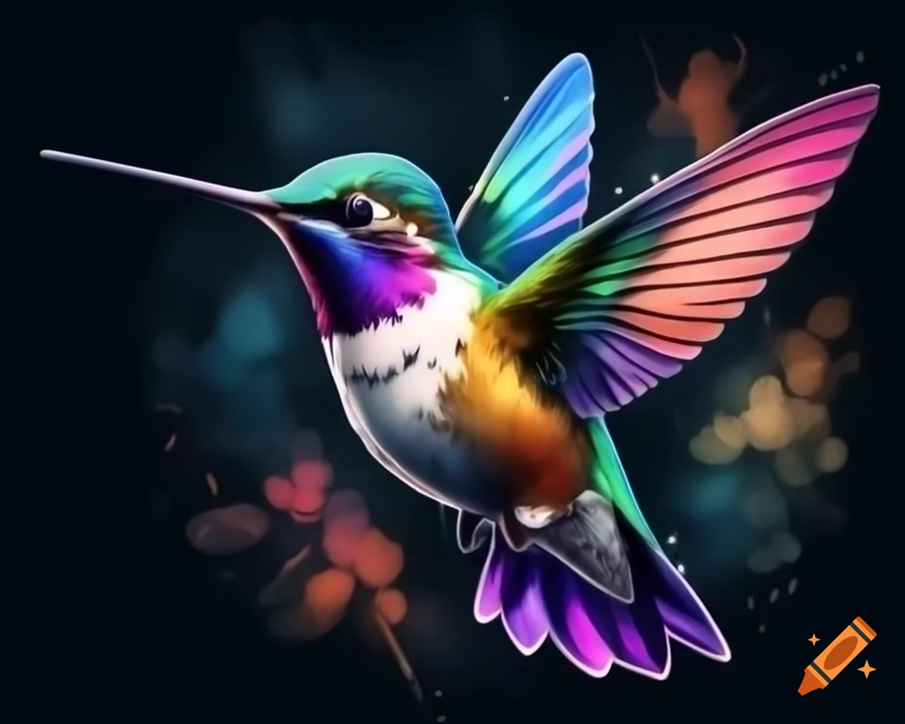 Hummingbird in watercolor rainbow shades flying in cartoon style