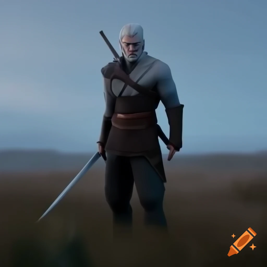 Witcher character in field holding sword, 3D rendering