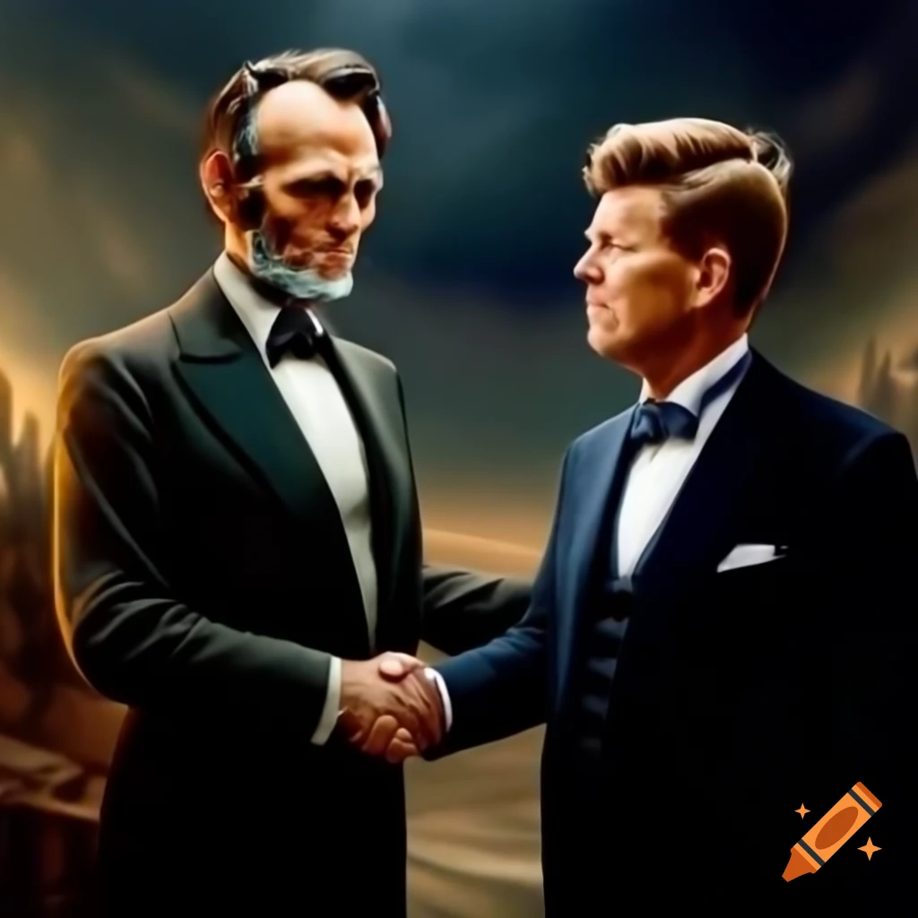 Painting of Abraham Lincoln and John F. Kennedy shaking hands in afterlife