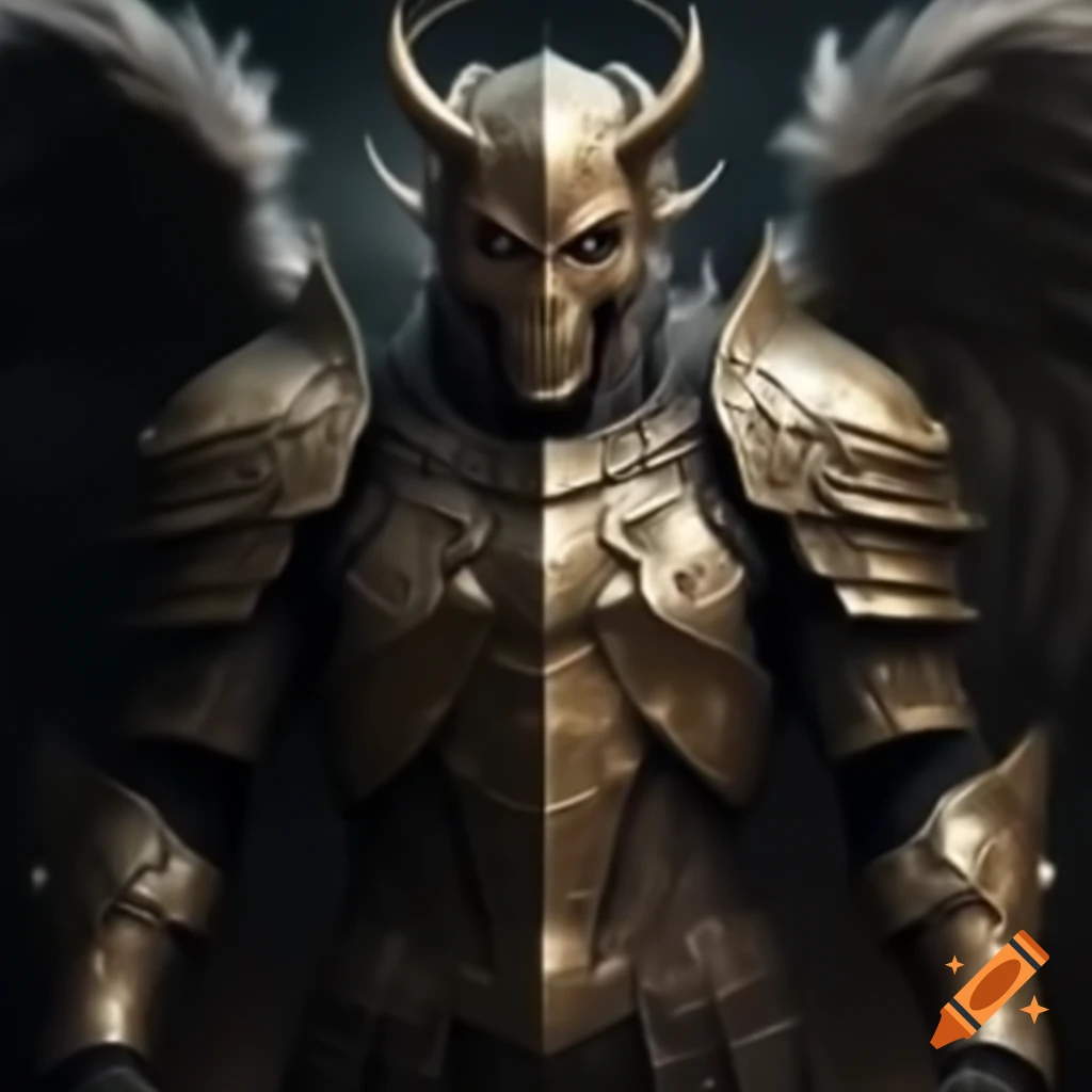 Suit of armor depicting angel vs devil theme