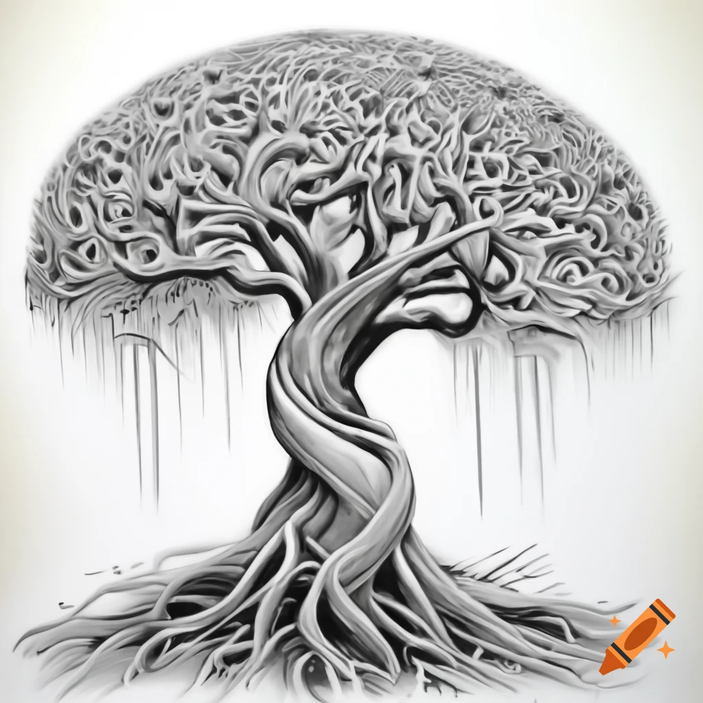 Intricate ink drawing of a spiral tree