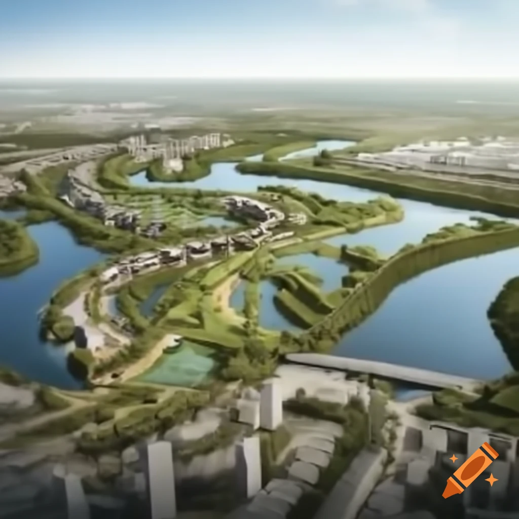 Conceptual design of a livable city featuring houses, greenspace, transport, and infrastructure