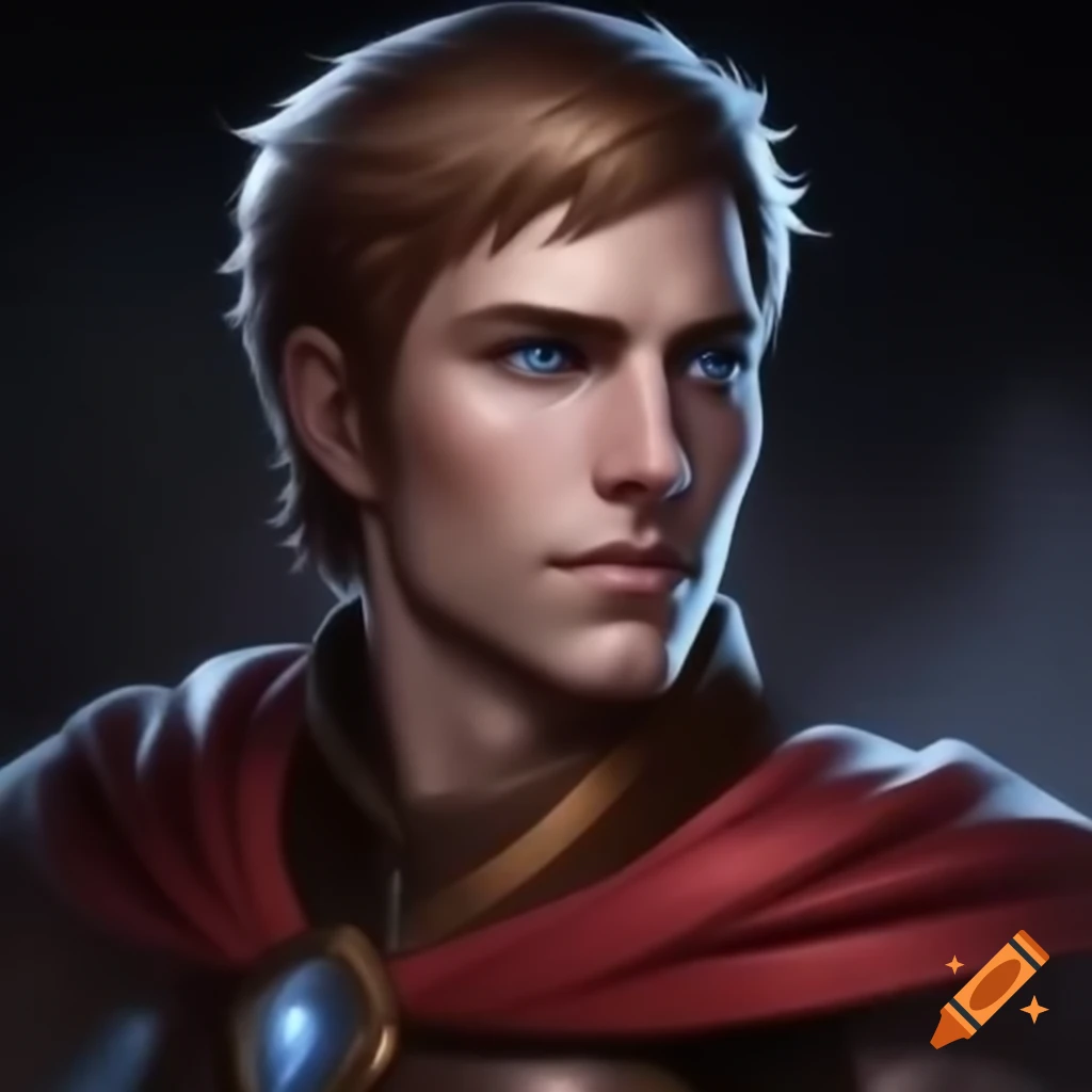 Male ranger with brown undercut hair, blue eyes, leather armor, and crimson cape