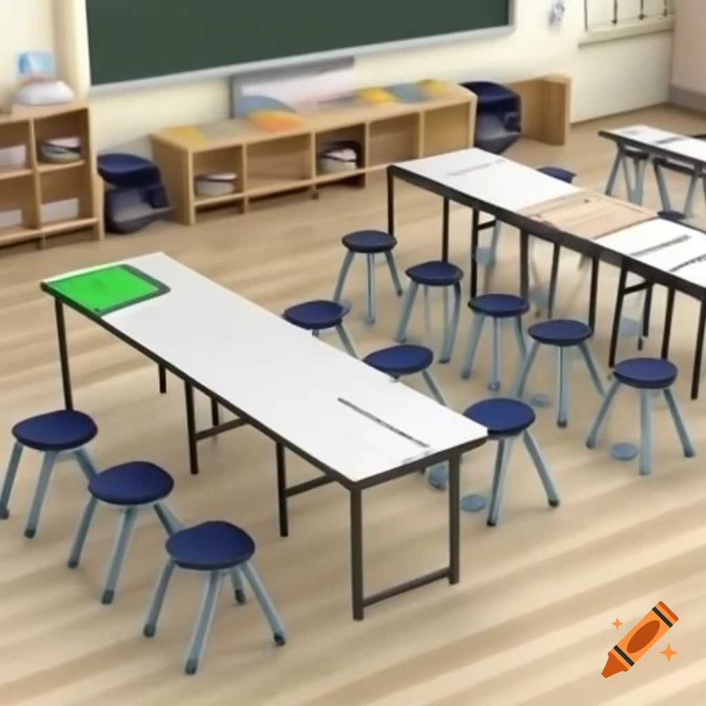 Classroom setup with two vertical tables for 30 students, TV, whiteboard, and teacher's desk
