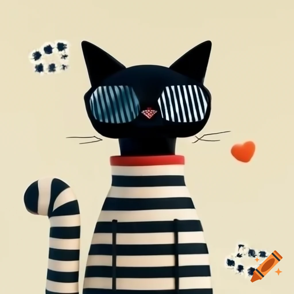 Cartoon art of black cat with pajama stripes and sunglasses