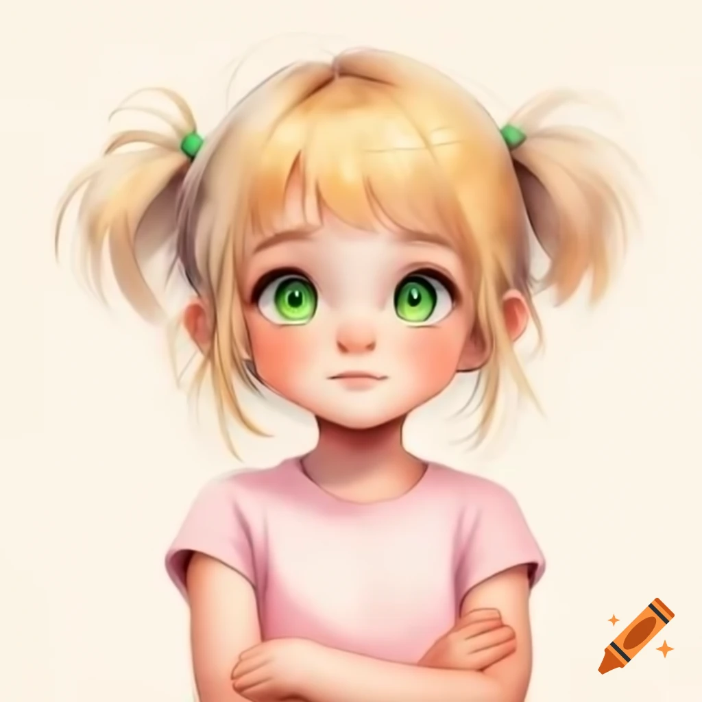 Anime girl with blonde hair and green eyes in pink sleeveless t-shirt