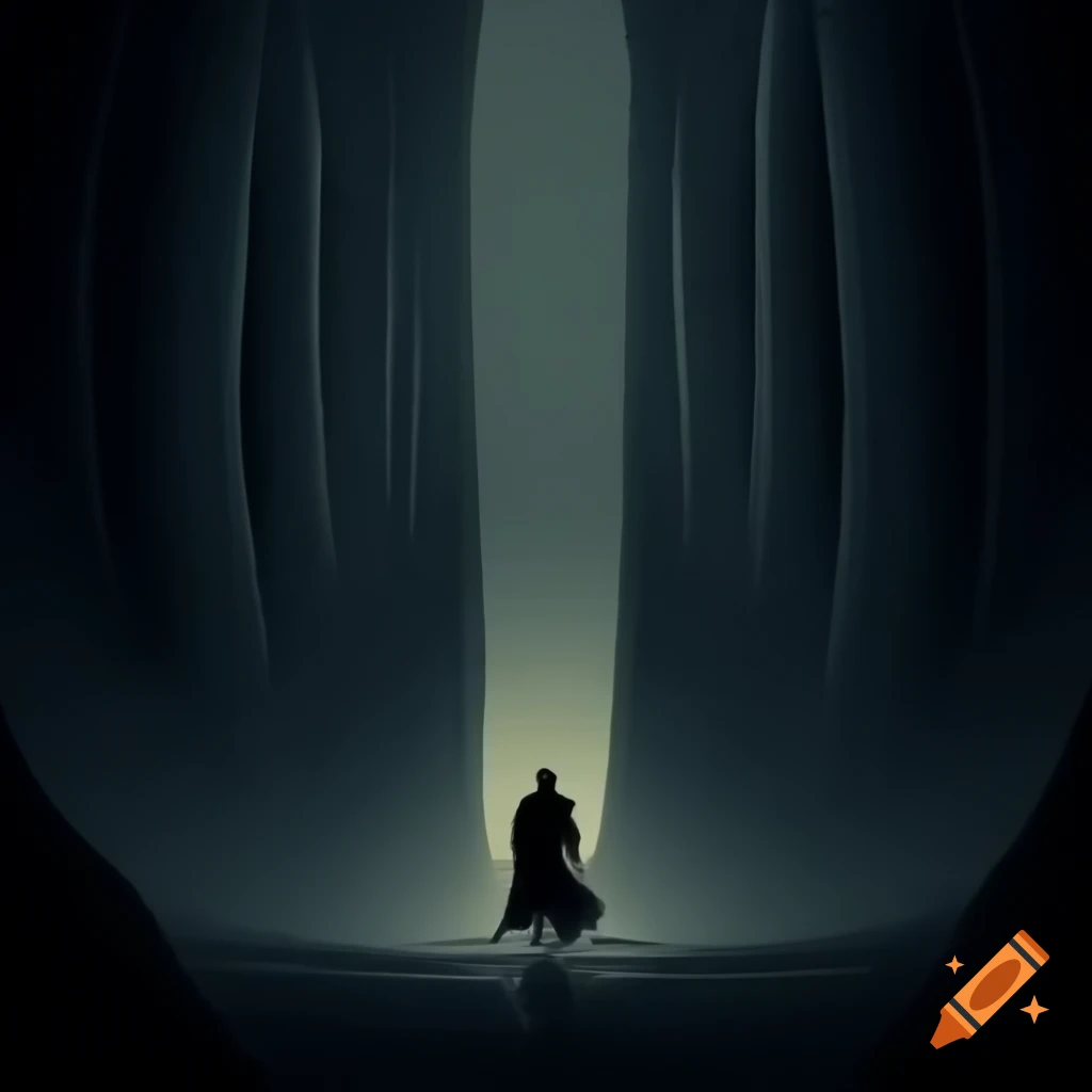 Man walking between giant cliffs in darkness, depicting a somber mood