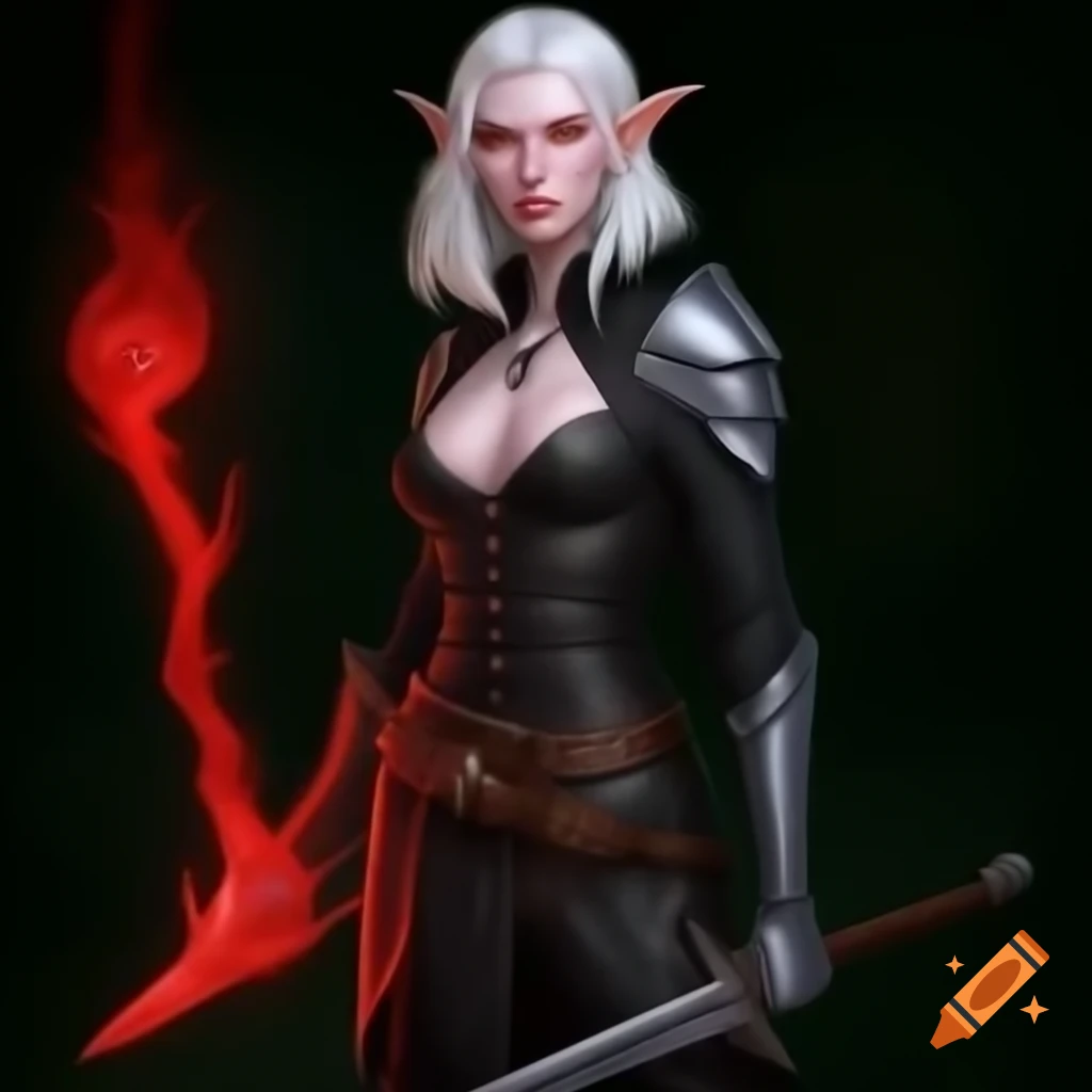 Female elf with white hair and red eyes in black leather armor wielding a sword and using blood magic