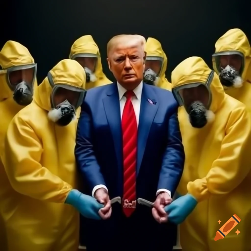 Photorealistic satire of Donald Trump handcuffed by men in yellow hazmat suits