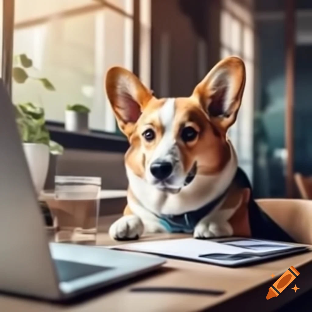 Corgi at office looking reluctant to work after vacation